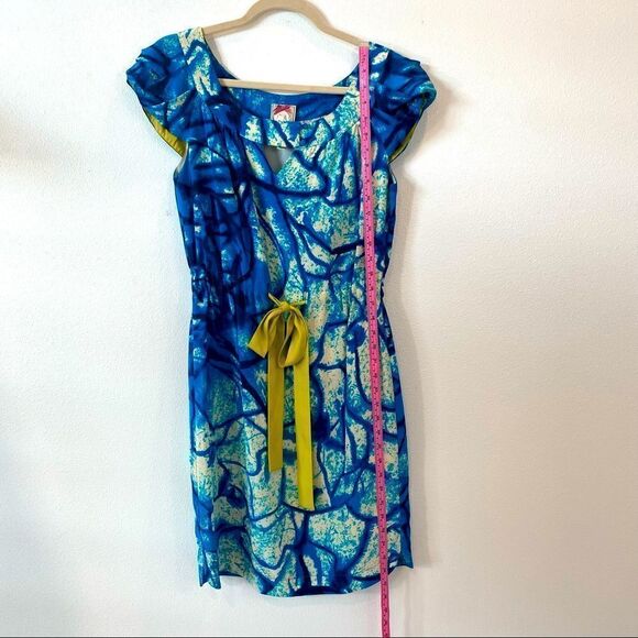 Yoana Baraschi Blue Dress With Chartreuse Accent Belt 100% Silk  Anthropologie - Picture 10 of 16